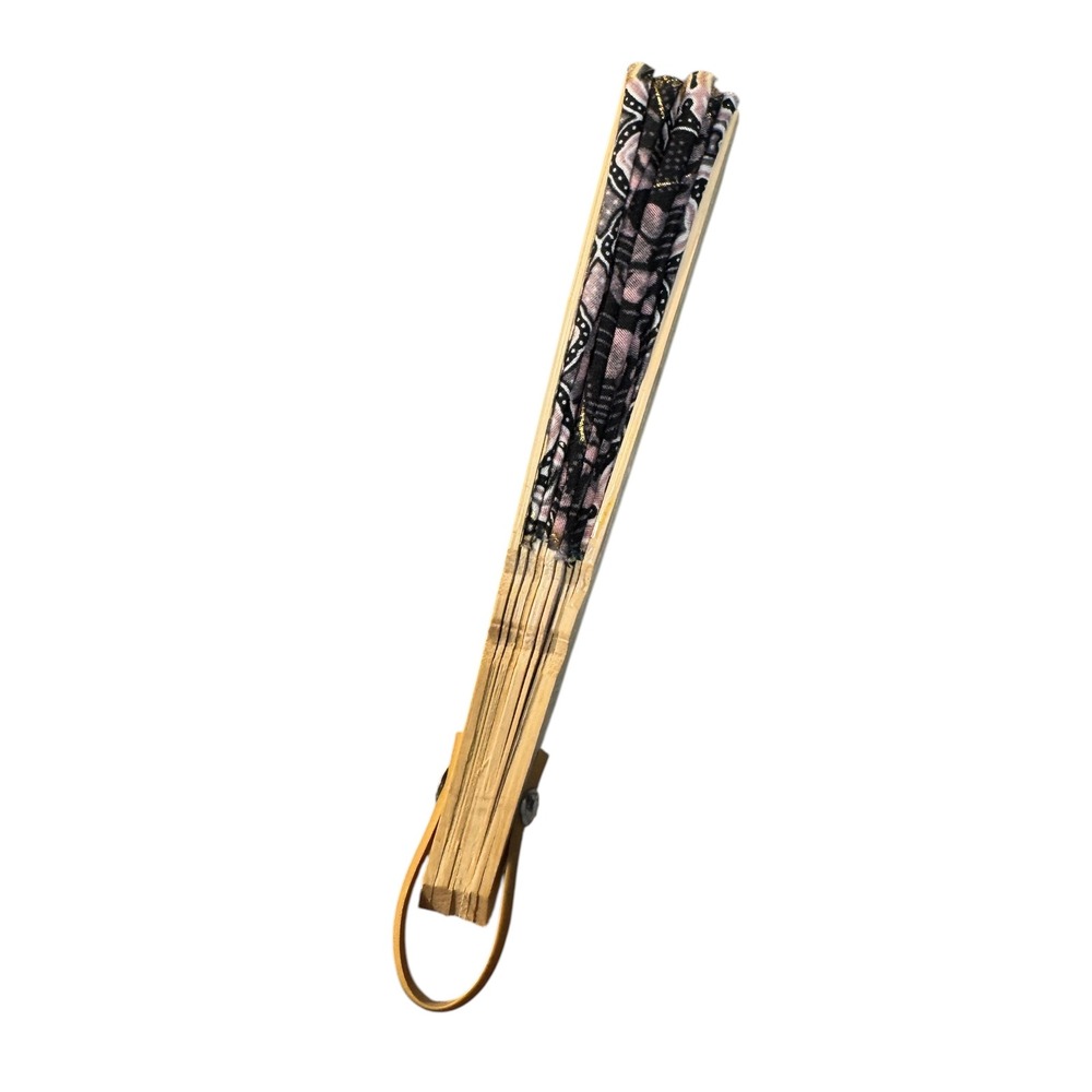 Mini Vintage Style Batik Fabric Folding Hand Fan Black Pink Gold Wood Frame - Picture 3 of 3